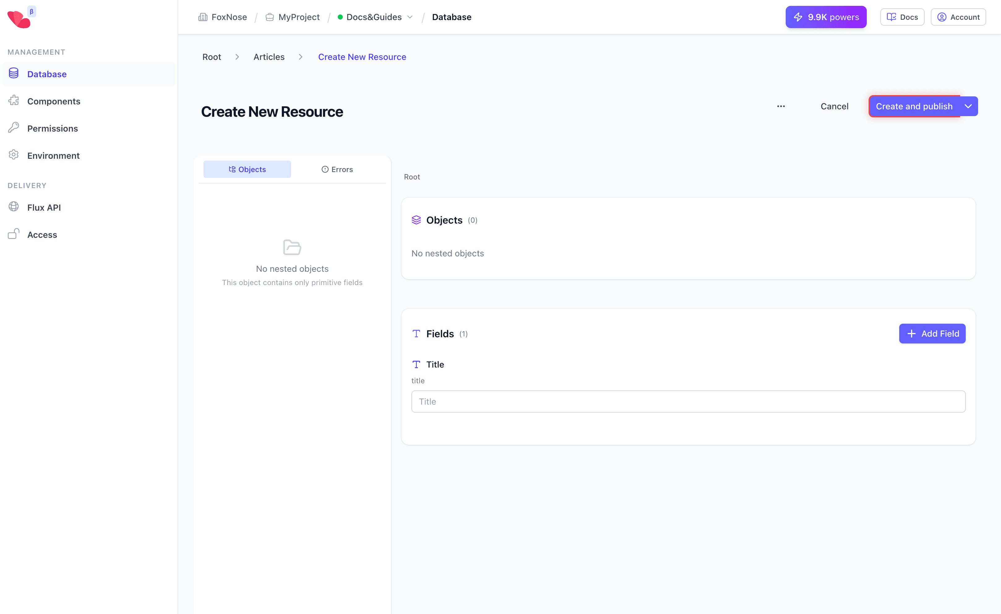 Resource editor showing fields and Create and publish button
