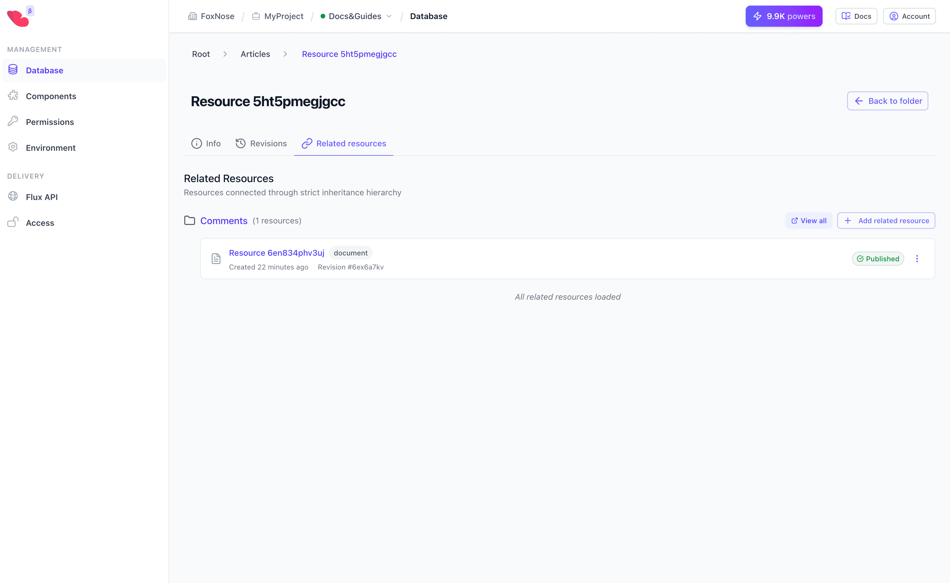 Related resources tab showing Comments with 1 resource and View all button