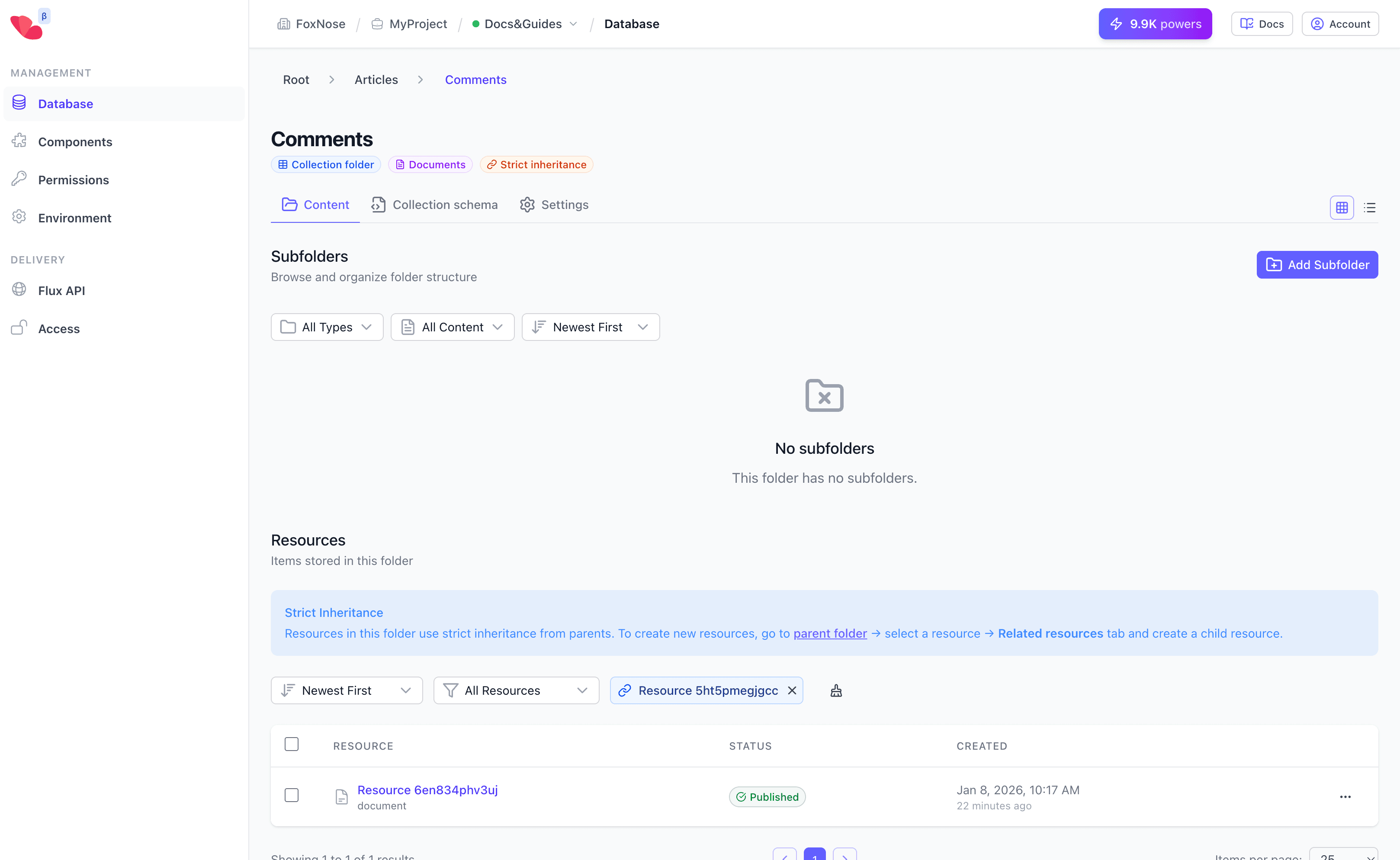 Comments collection showing resources filtered by parent article