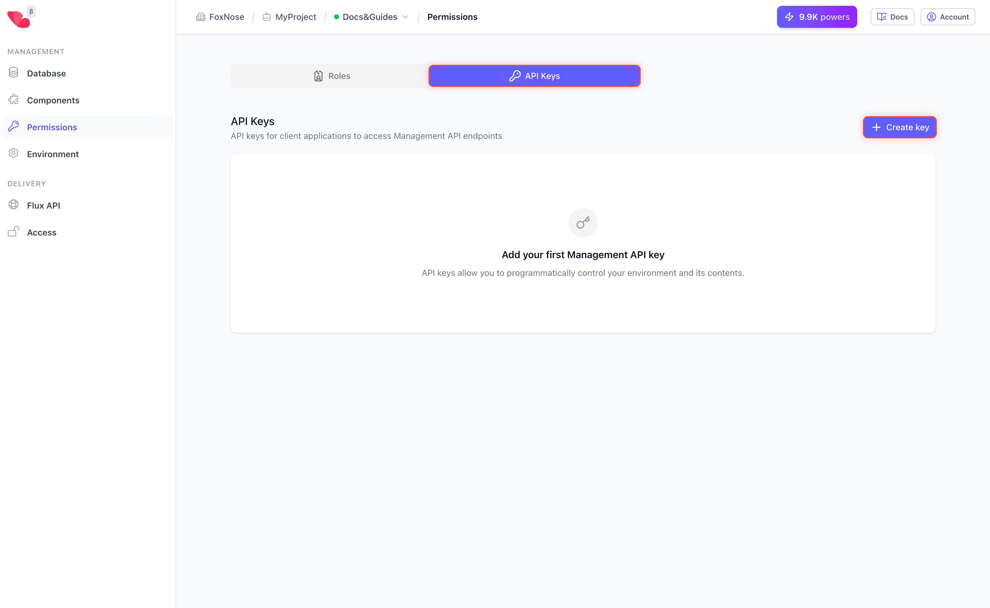 API Keys tab with Create key button