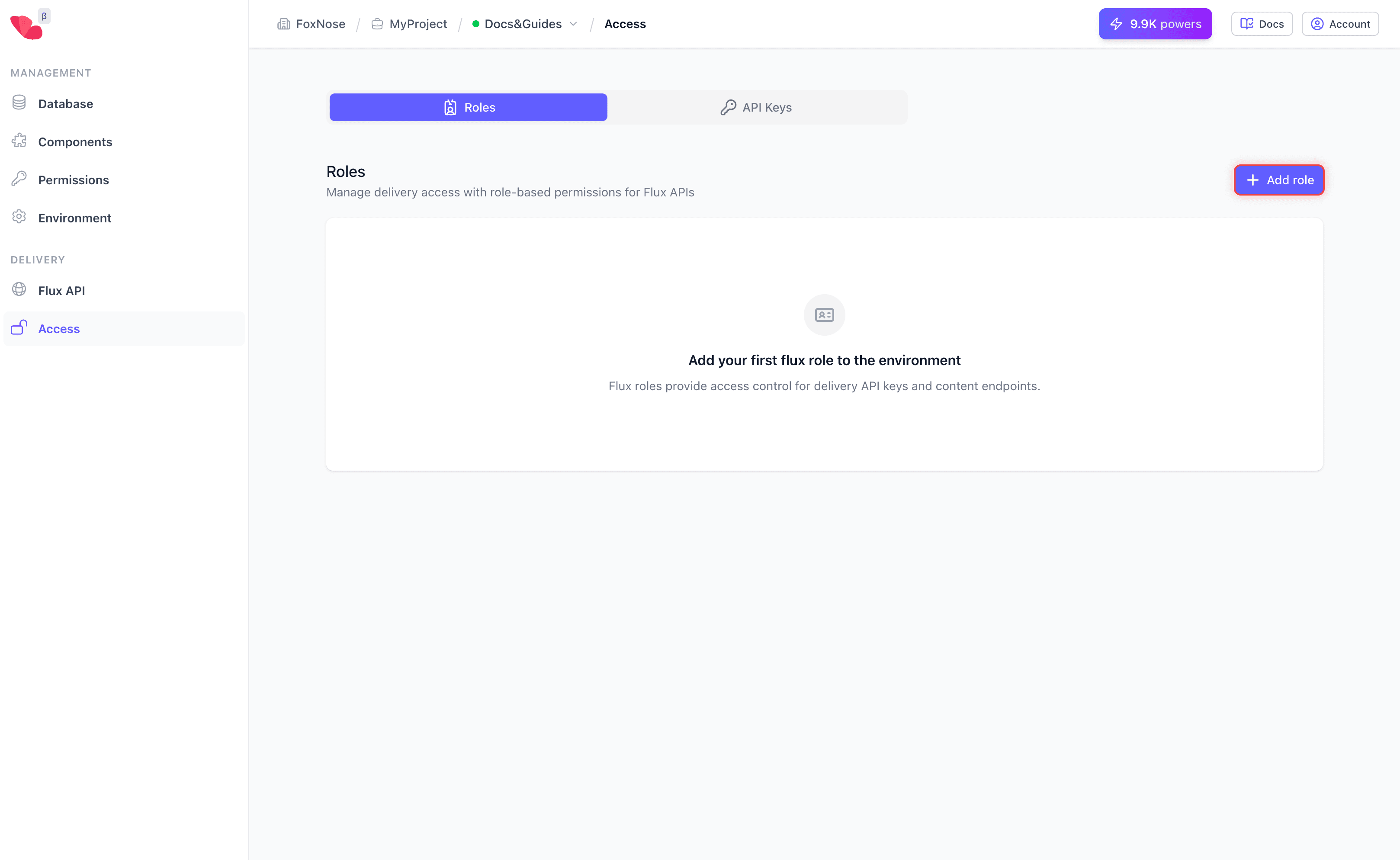 Flux Access page showing Roles tab and Add role button