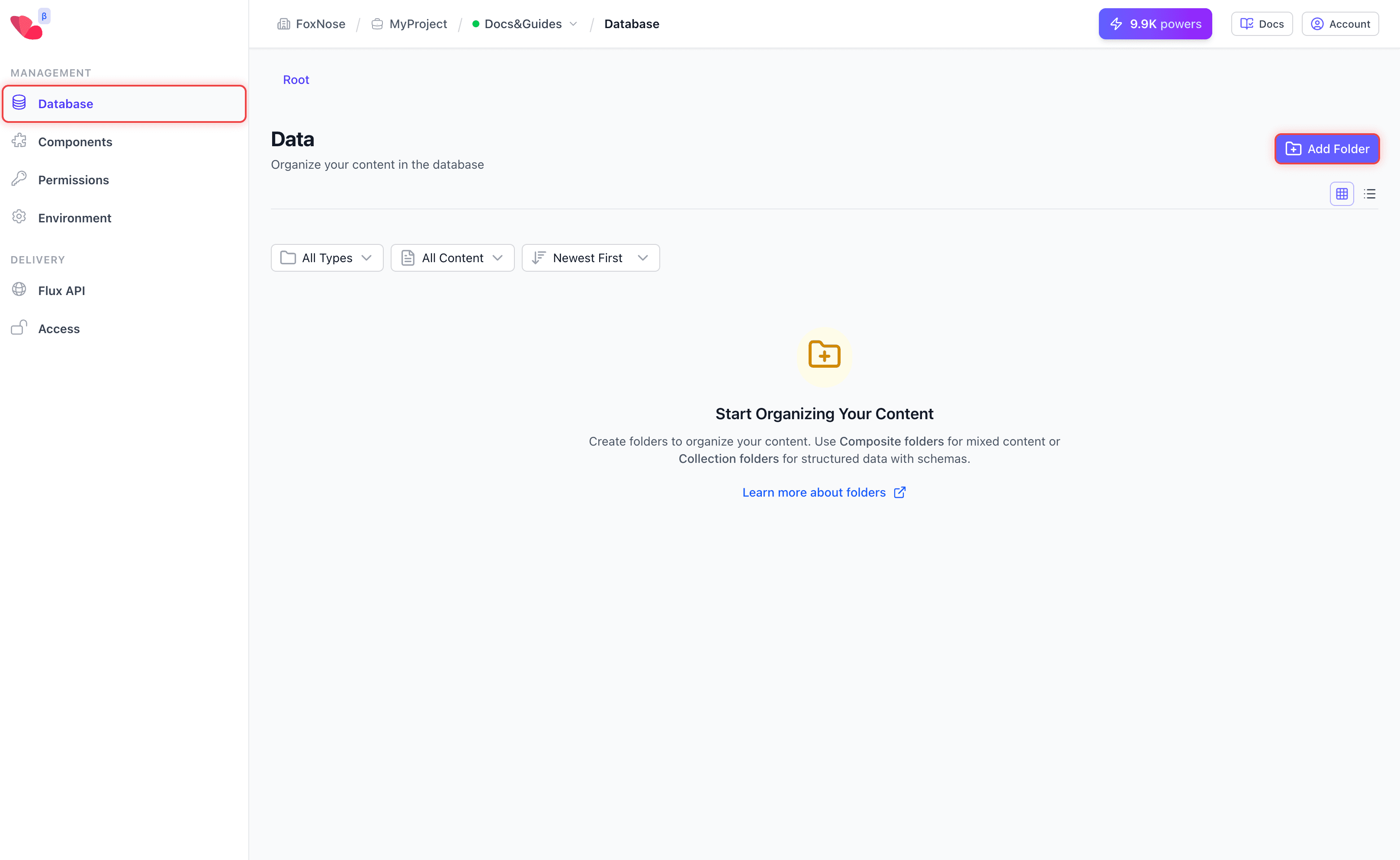 Database page showing Add Collection button