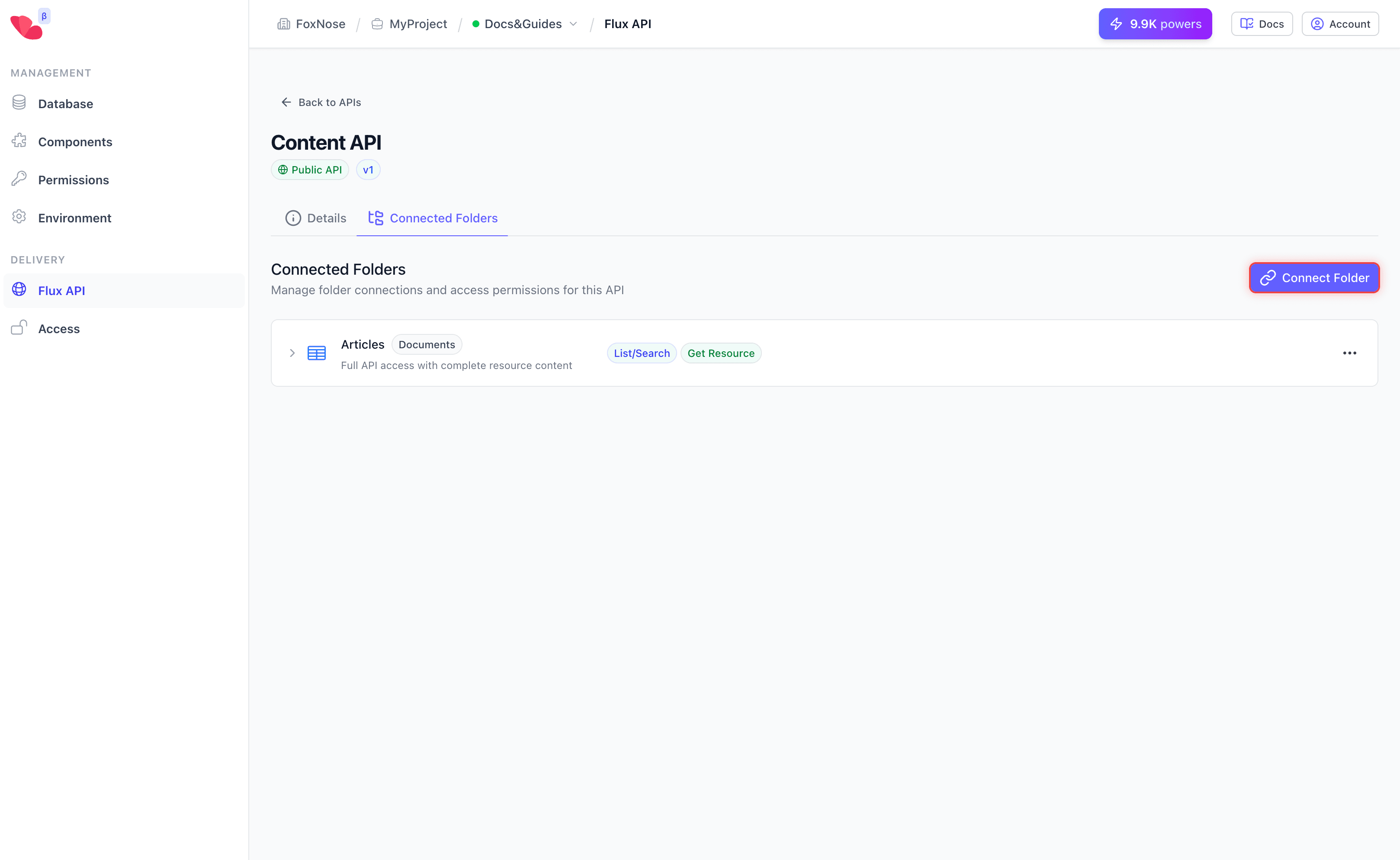 Connected Collections showing Articles folder with full access