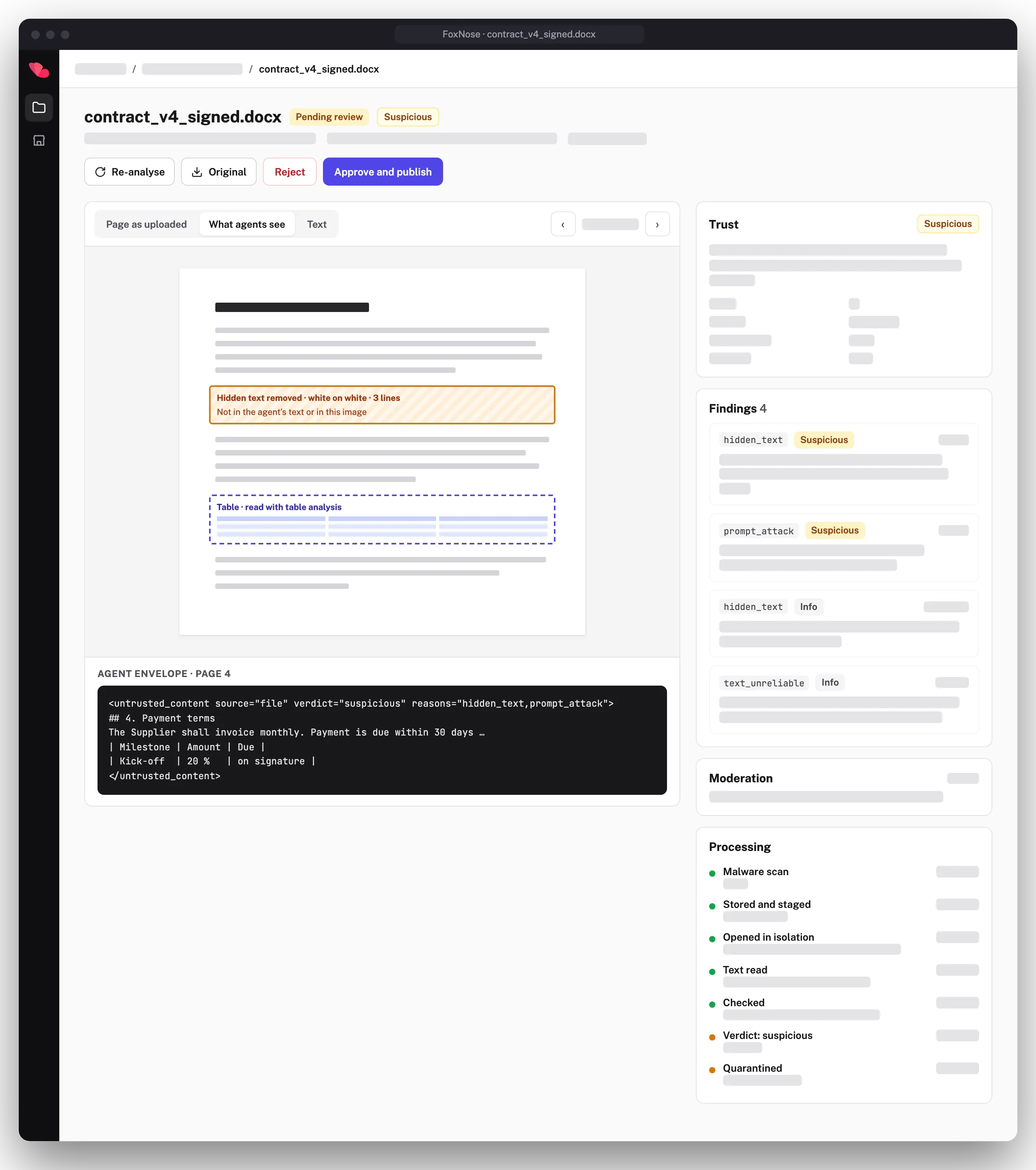 The dashboard page for one suspicious Word file. It shows the page as agents see it with a hidden text region removed, the content envelope the agent receives, four findings, and the processing steps.