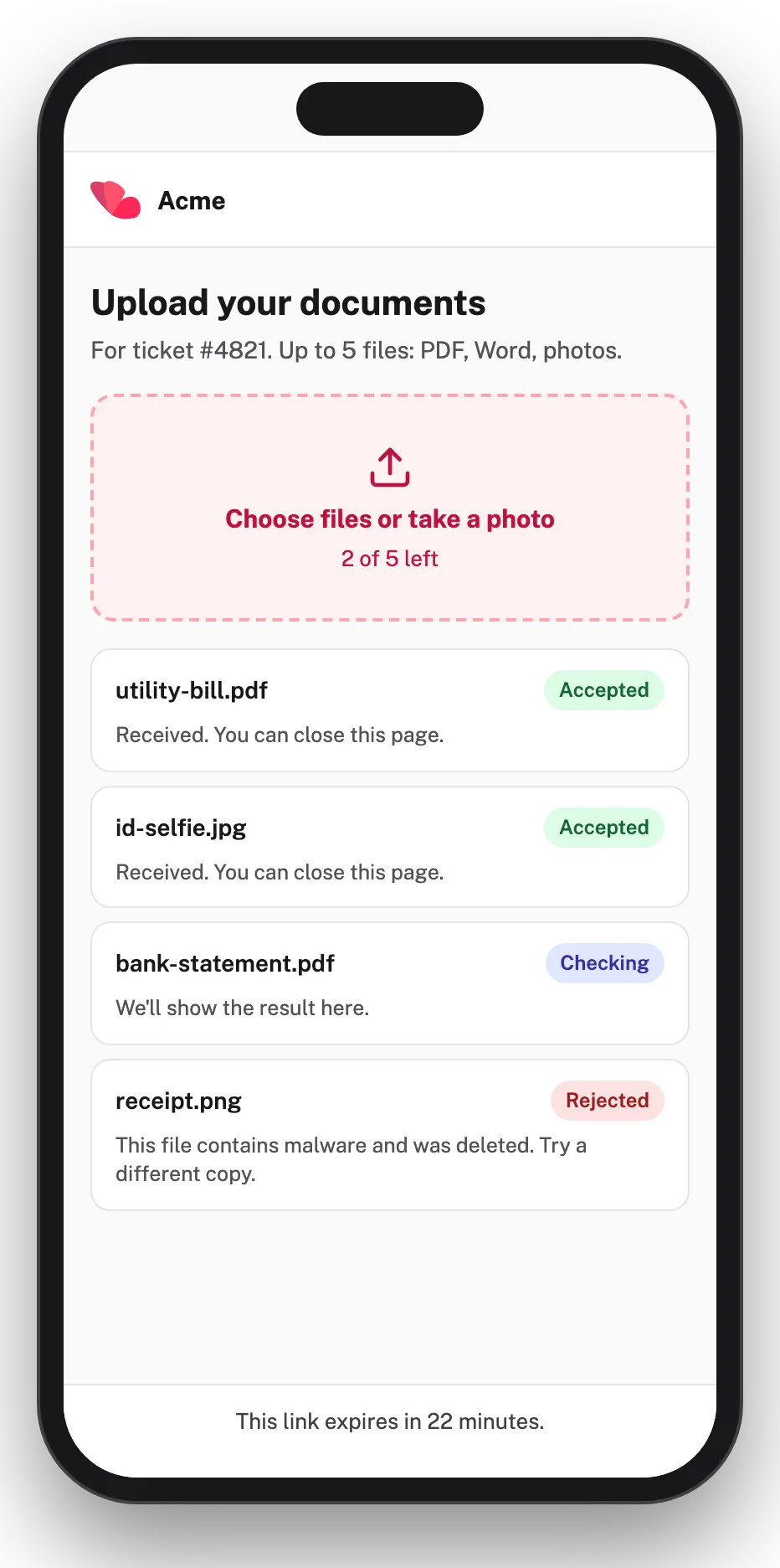 A hosted upload page on a phone. It shows the Acme name, a Choose files or take a photo area, and four files with their status: two accepted, one checking and one rejected for malware.