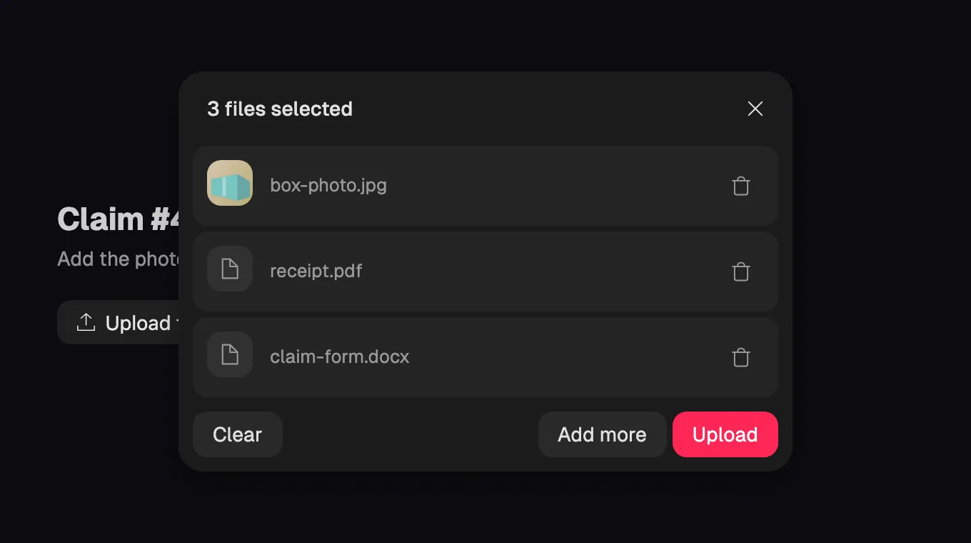A file uploader opened from an Upload files button. A dialog lists three selected files, with Clear, Add more and Upload buttons, in a dark theme with a rose accent.